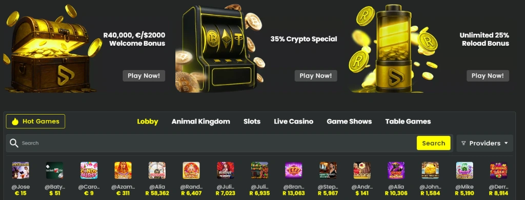Screenshot of SlotPal Casino's homepage displaying promotional offers and game categories.
